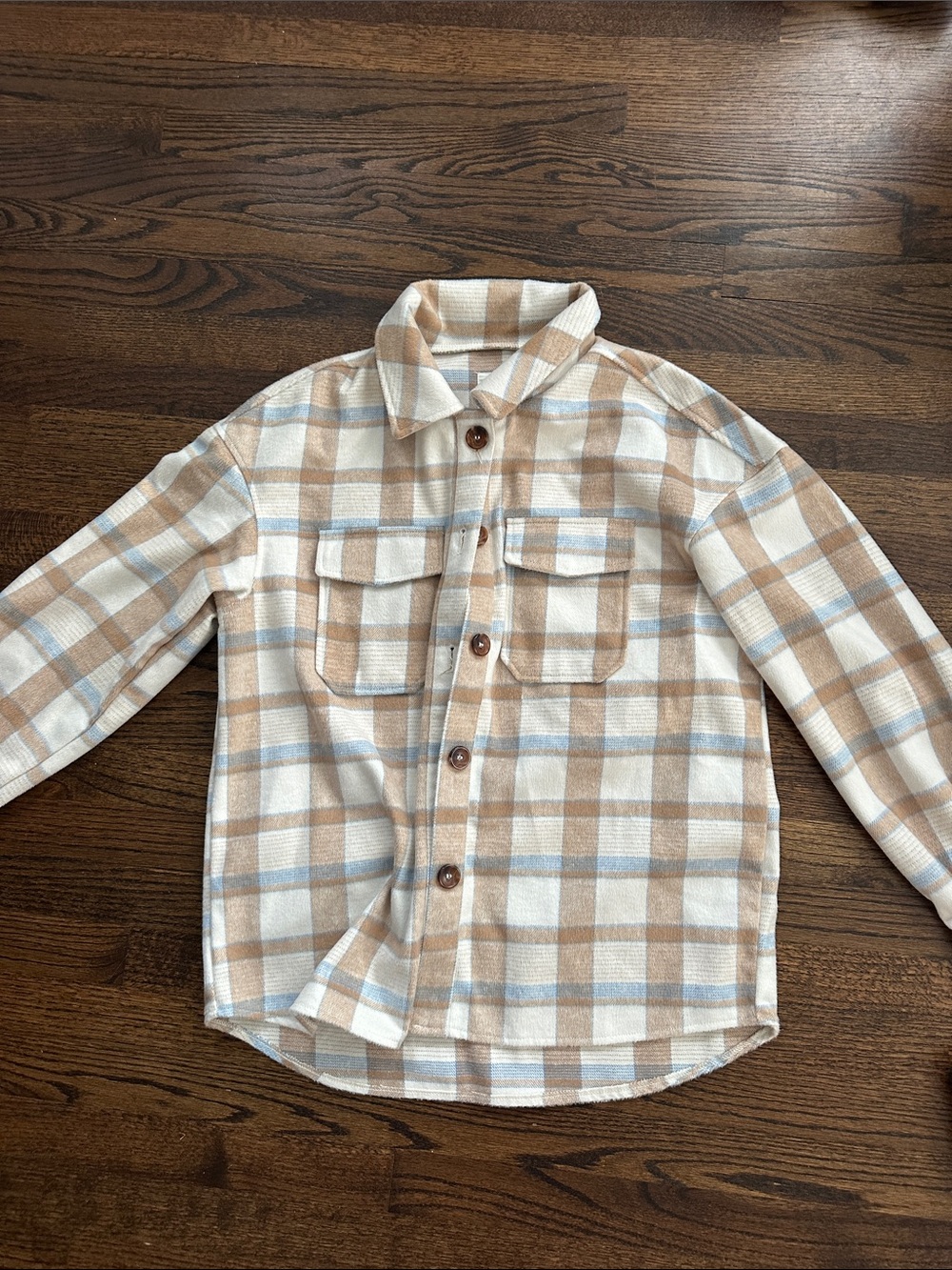 Plaid Button-Up Shacket in Cream, Tan & Light Blue